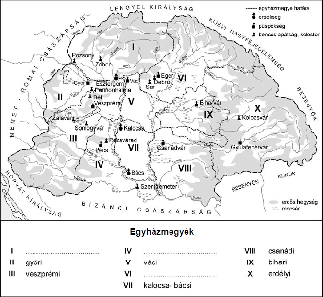 3. A feladat Szent István egyházszervező tevékenységével kapcsolatos. (E/5) Oldja meg a feladatot a forrás és ismeretei alapján! a) Egészítse ki a hiányos térképmagyarázatot! (Elemenként 0,5 pont.