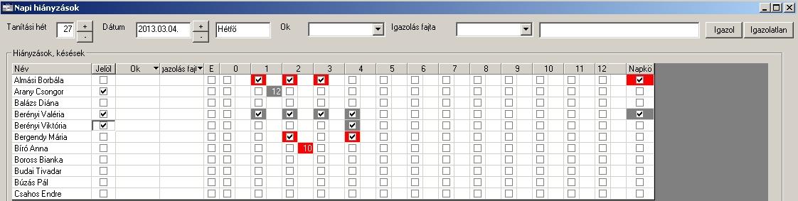 Kattintson az Igazolatlan gombra, a hiányzások késések igazoltságát a cellák piros színe jelzi. 9. Hiányzások, késések állapotának beírtra allítása.