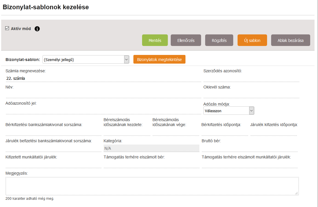 14. ábra Új sablon hozzáadása Mentés: ha az aktív mód ki van kapcsolva, akkor a gomb megnyomásával lehetséges elmenteni a beírt adatokat.