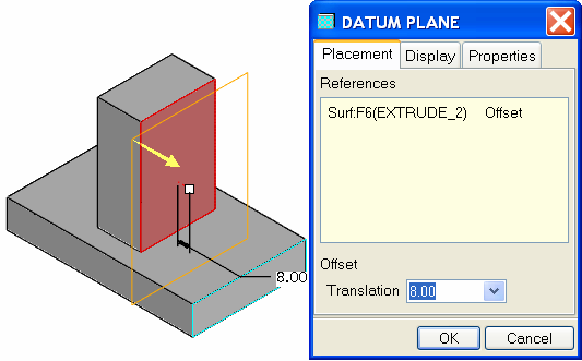 CAD - CAM ALAPOK PRO ENGINEER OKTATÓANYAG 3.21. ábra A referenciasík kiválasztása A modellen a szoftver sárga nyíllal jelöli az új sík pozitív irányát, amely számunkra megfelelı.