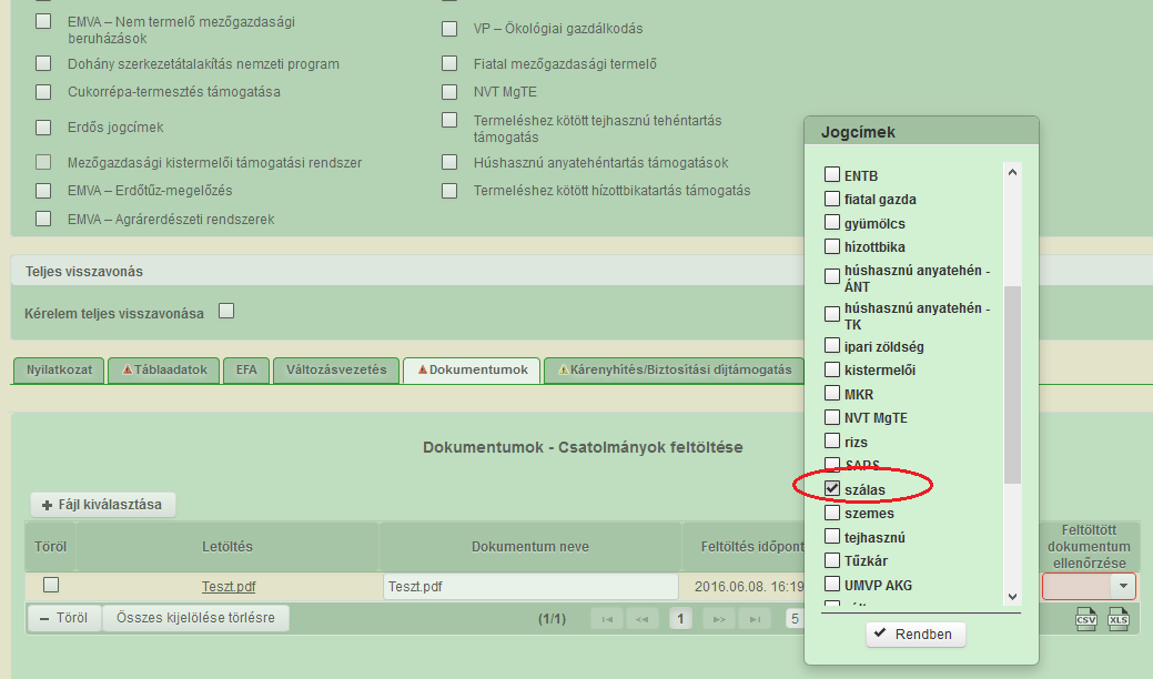 A feltöltött dokumentumhoz ki kell választani azt a jogcímet, amelyhez kapcsolódik a dokumentum.