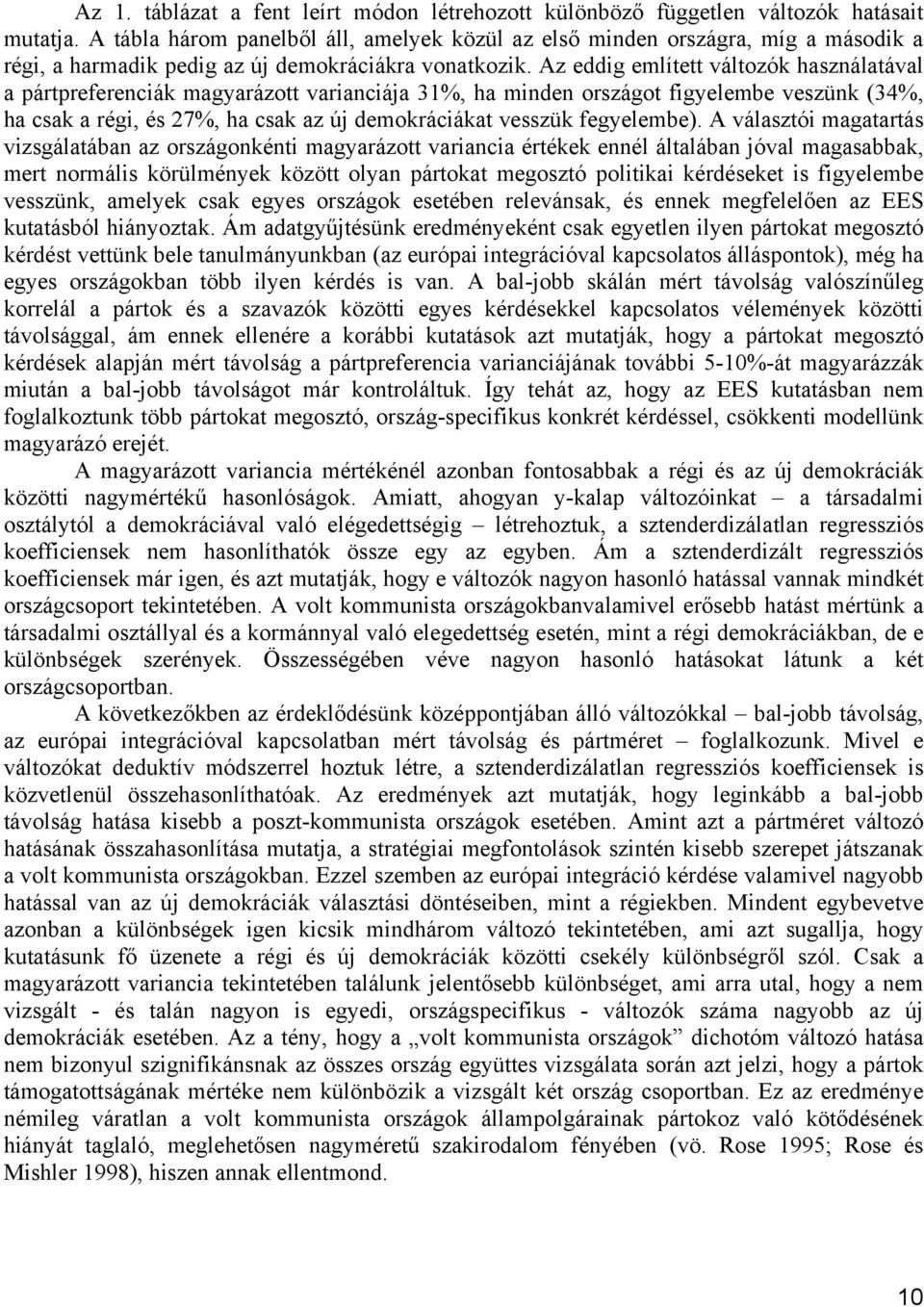 Az eddig említett változók használatával a pártpreferenciák magyarázott varianciája 31%, ha minden országot figyelembe veszünk (34%, ha csak a régi, és 27%, ha csak az új demokráciákat vesszük