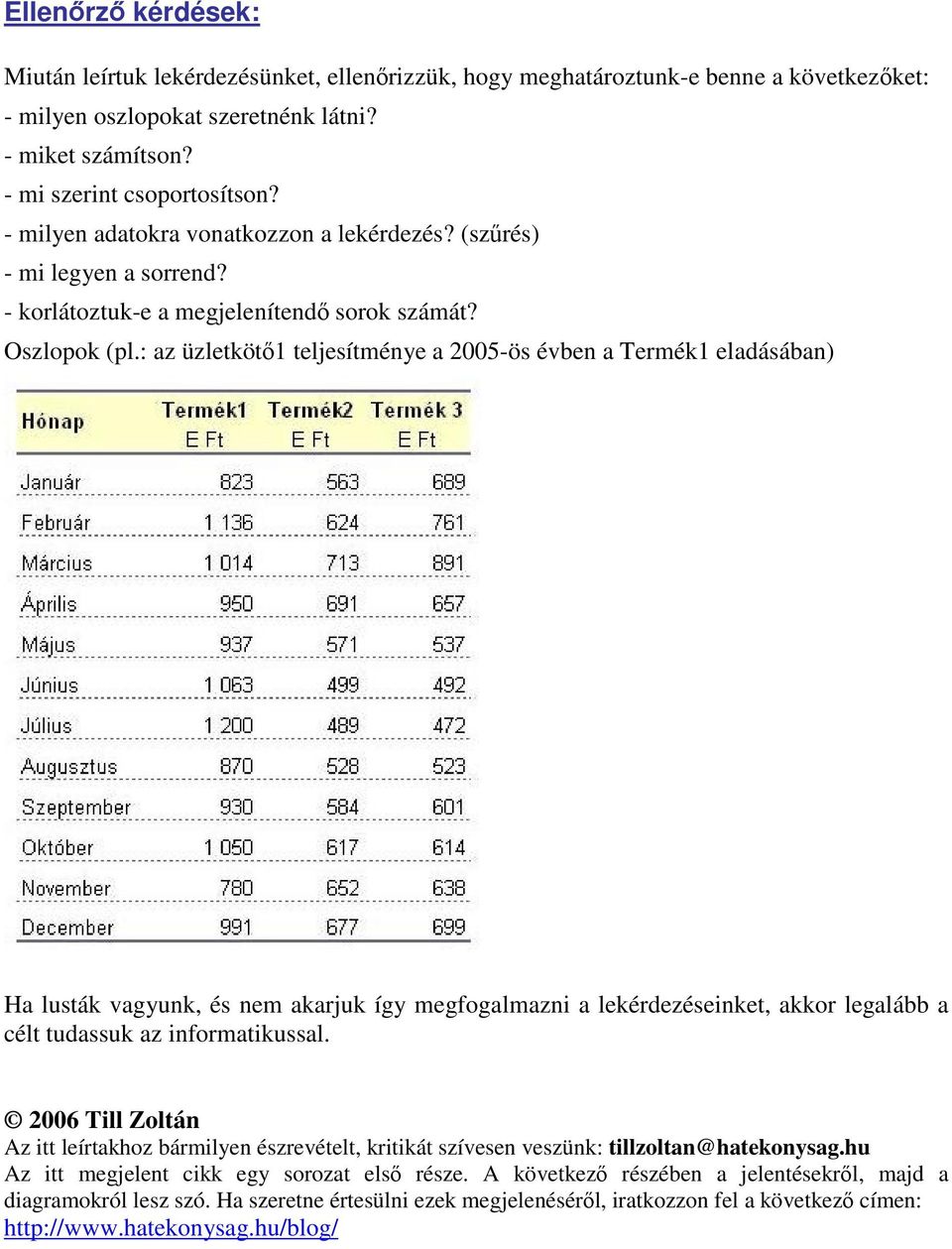 : az üzletkötő1 teljesítménye a 2005-ös évben a Termék1 eladásában) Ha lusták vagyunk, és nem akarjuk így megfogalmazni a lekérdezéseinket, akkor legalább a célt tudassuk az informatikussal.