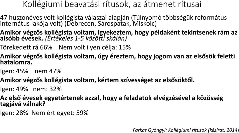 (Értékelés 1-5 közötti skálán) Törekedett rá 66% Nem volt ilyen célja: 15% Amikor végzős kollégista voltam, úgy éreztem, hogy jogom van az elsősök feletti hatalomra.