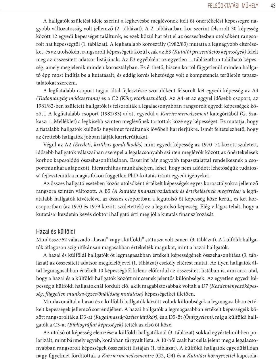 A legfiatalabb korosztály (1982/83) mutatta a legnagyobb eltéréseket, és az utolsóként rangsorolt képességeik közül csak az E3 (Kutatói prezentációs képességek) felelt meg az összesített adatsor