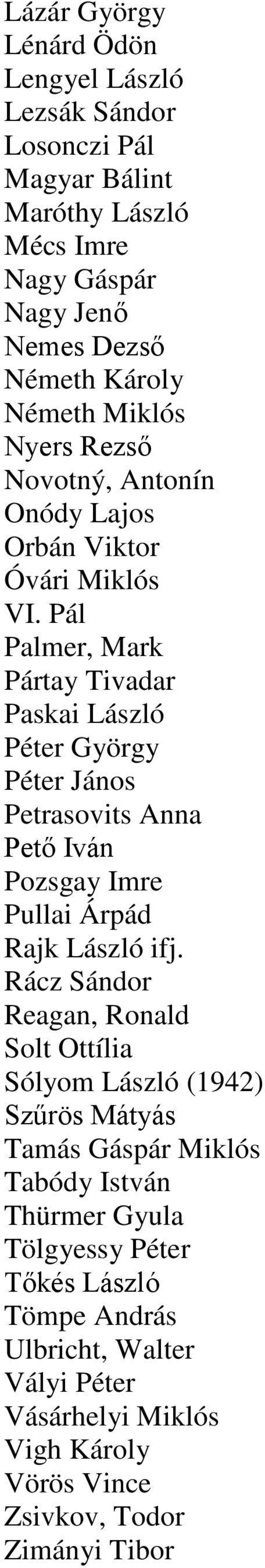 Pál Palmer, Mark Pártay Tivadar Paskai László Péter György Péter János Petrasovits Anna Petı Iván Pozsgay Imre Pullai Árpád Rajk László ifj.