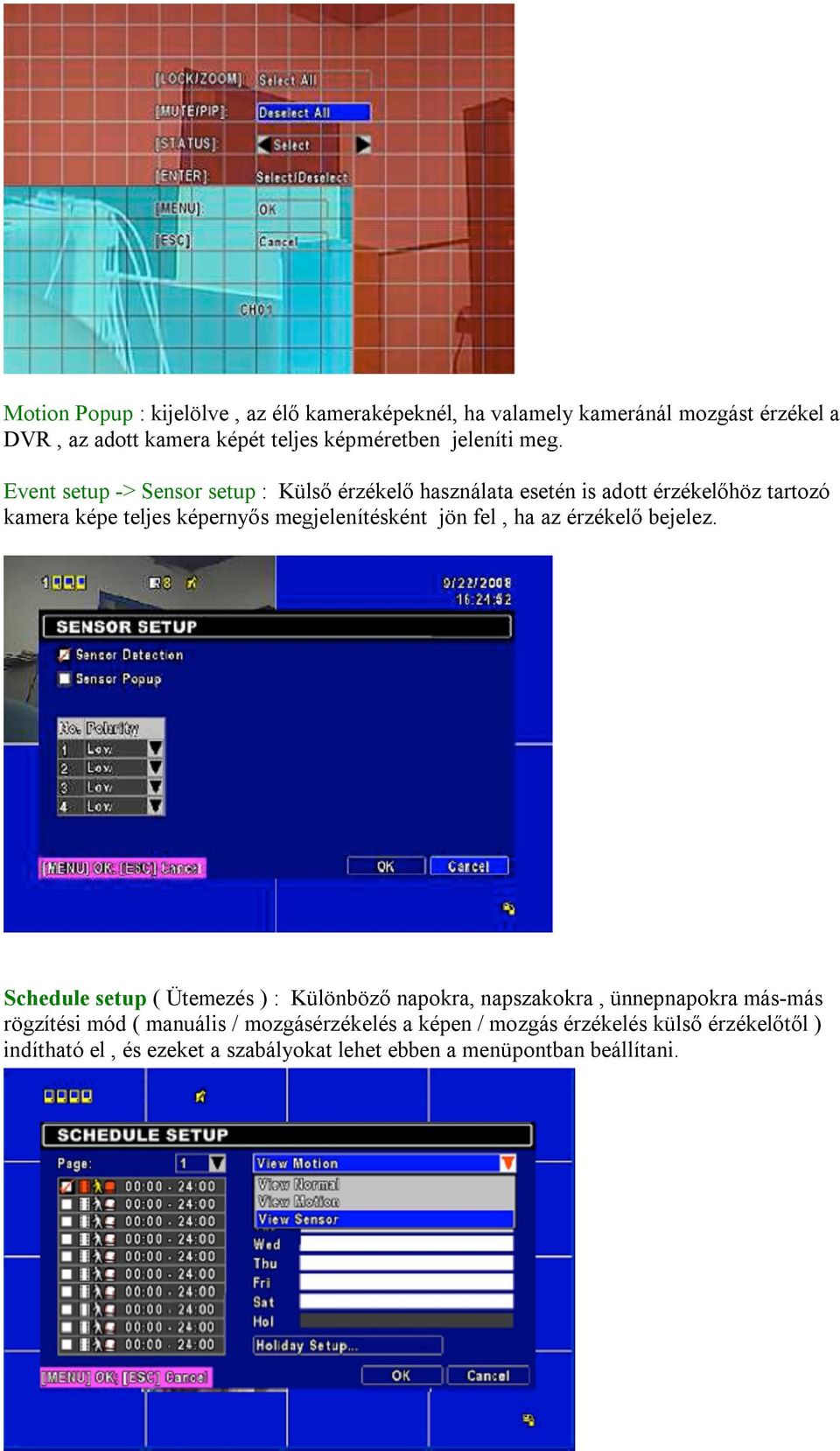 Event setup -> Sensor setup : Külső érzékelő használata esetén is adott érzékelőhöz tartozó kamera képe teljes képernyős megjelenítésként jön