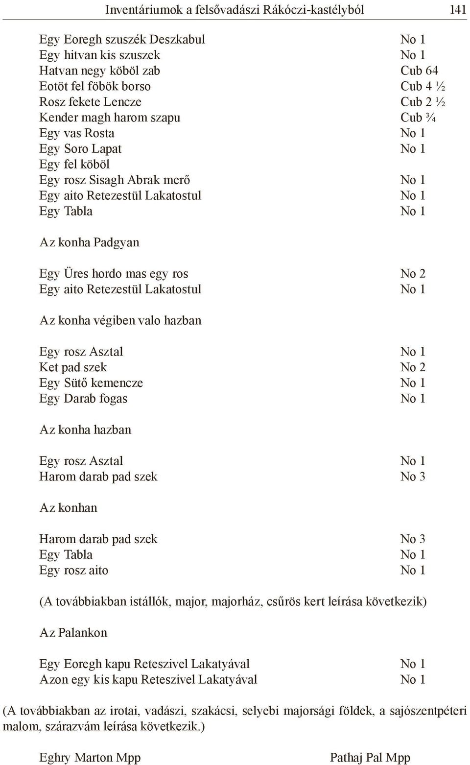 mas egy ros No 2 Egy aito Retezestül Lakatostul No 1 Az konha végiben valo hazban Egy rosz Asztal No 1 Ket pad szek No 2 Egy Sütő kemencze No 1 Egy Darab fogas No 1 Az konha hazban Egy rosz Asztal No