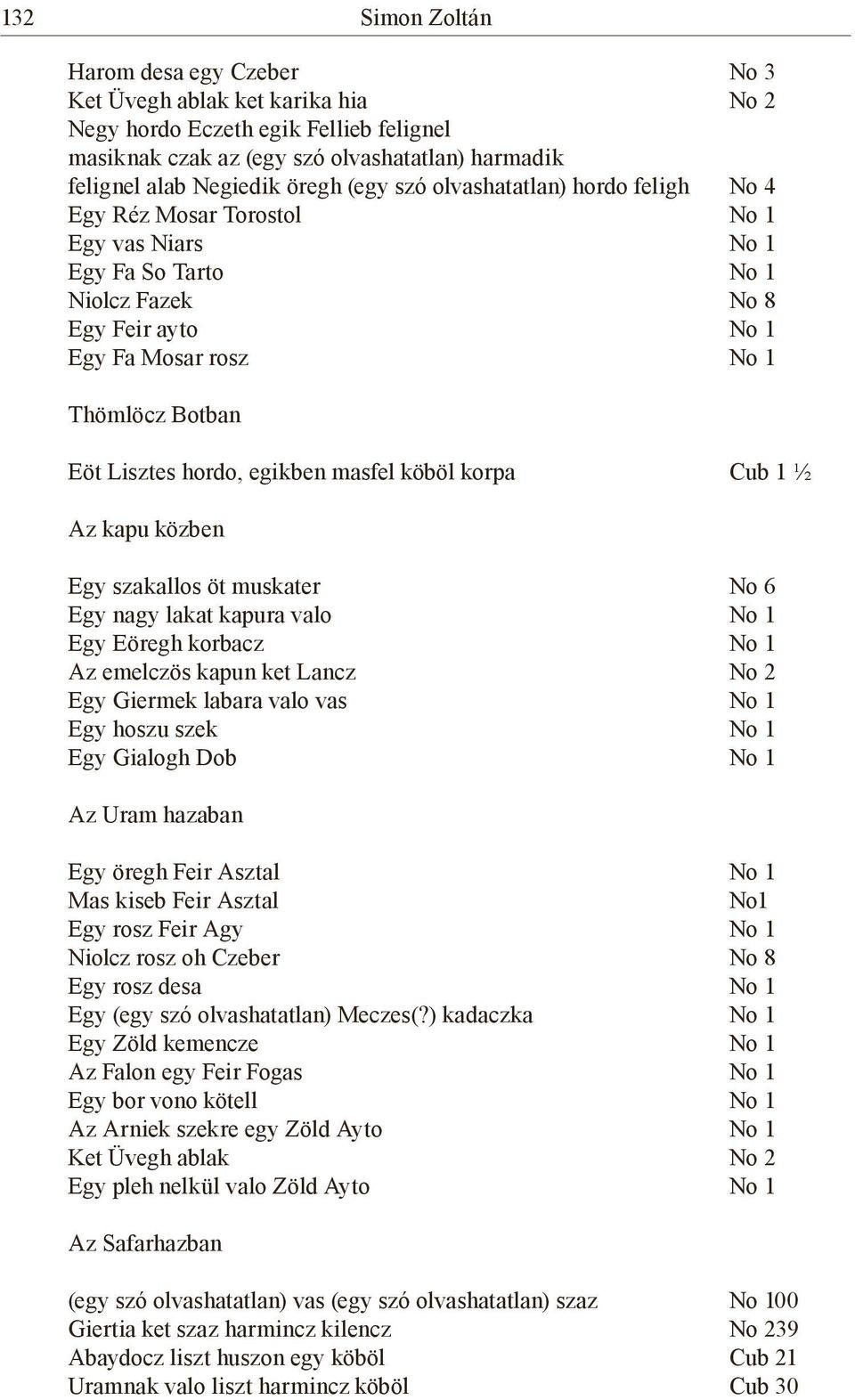 hordo, egikben masfel köböl korpa Cub 1 ½ Az kapu közben Egy szakallos öt muskater No 6 Egy nagy lakat kapura valo No 1 Egy Eöregh korbacz No 1 Az emelczös kapun ket Lancz No 2 Egy Giermek labara