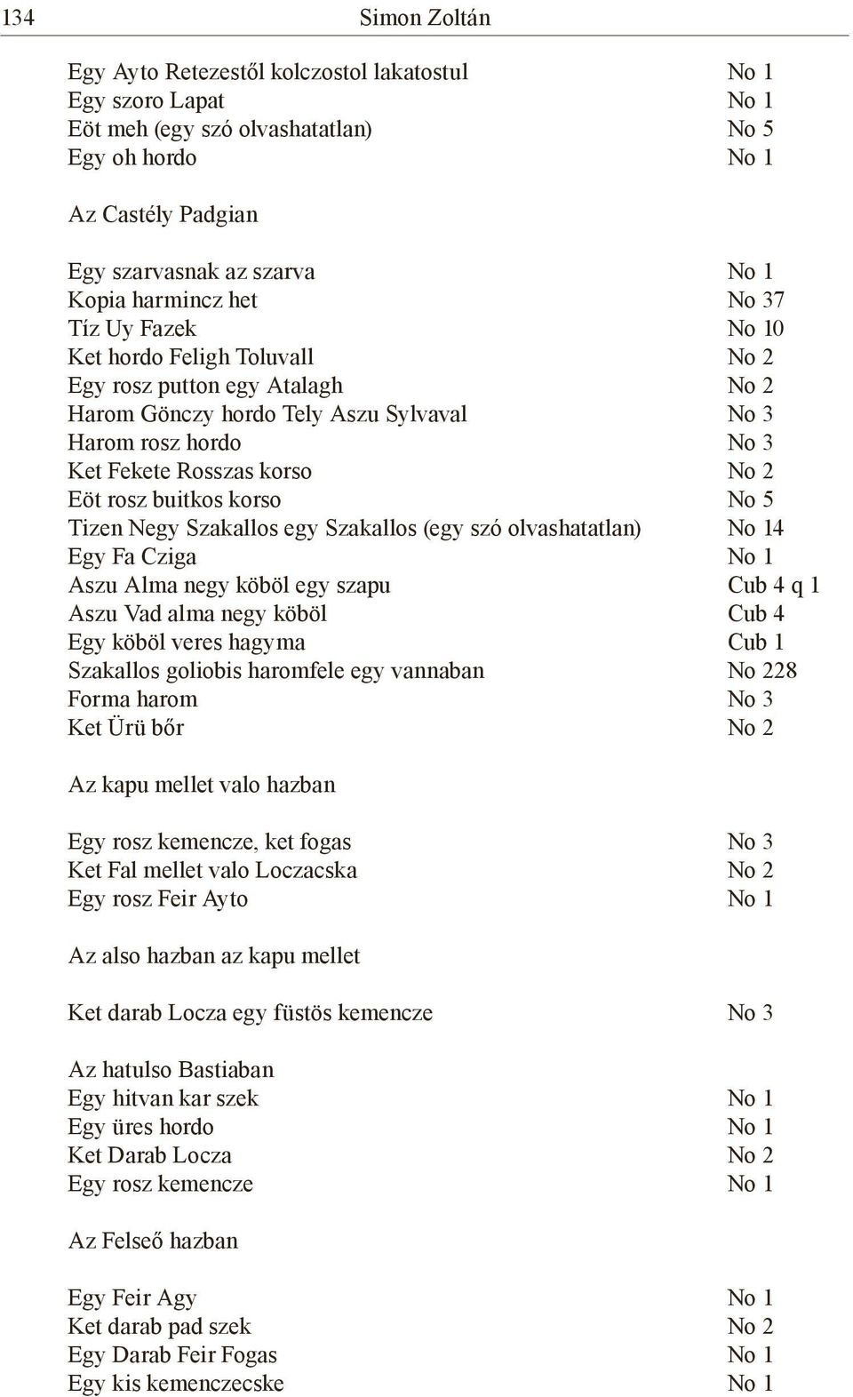 Eöt rosz buitkos korso No 5 Tizen Negy Szakallos egy Szakallos (egy szó olvashatatlan) No 14 Egy Fa Cziga No 1 Aszu Alma negy köböl egy szapu Cub 4 q 1 Aszu Vad alma negy köböl Cub 4 Egy köböl veres