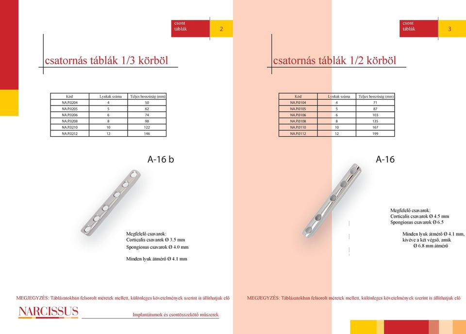 P.0112 12 199 A-16 b A-16 Spongiosus csavarok Ø 6.5 Corticalis csavarok Ø 3.5 mm Spongiosus csavarok Ø 4.