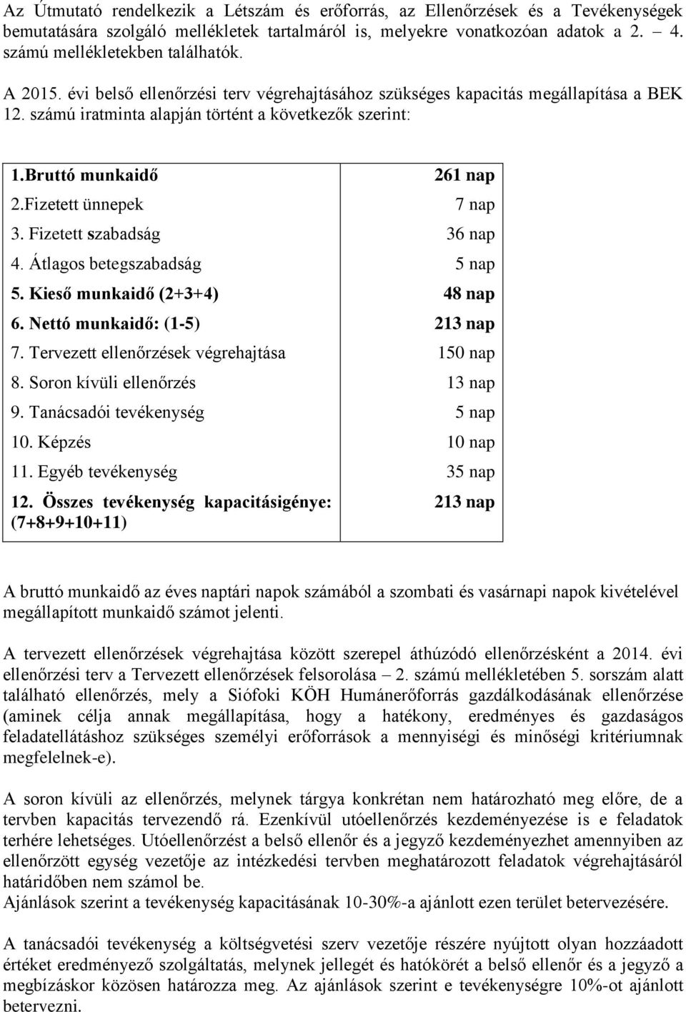 Átlagos betegszabadság 5. Kieső munkaidő (2+3+4) 6. Nettó munkaidő: (1-5) 7. Terezett ellenőrzések égrehajtása 8. Soron kíüli ellenőrzés 9. Tanácsadói teékenség 10. Képzés 11. Egéb teékenség 12.