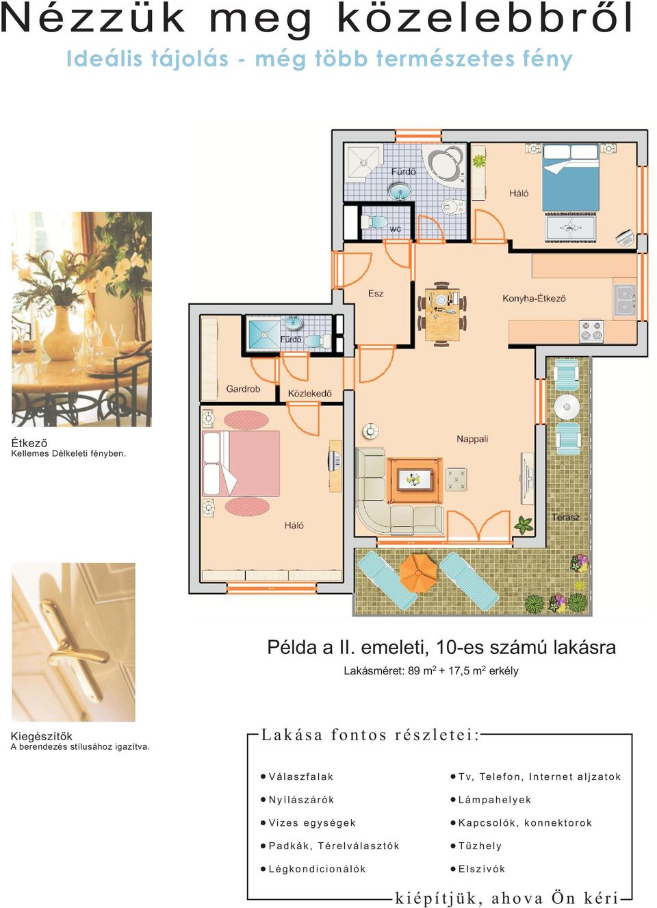 emeleti, 10-es számú lakásra Lakásméret: 89 m 2 + 17,5 m 2 erkély Kiegészítõk A berendezés stílusához