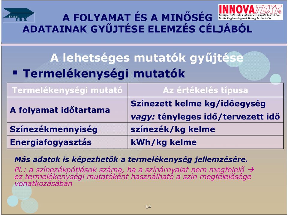 idı/tervezett idı színezék/kg kelme kwh/kg kelme Más adatok is képezhetık a termelékenység jellemzésére. Pl.