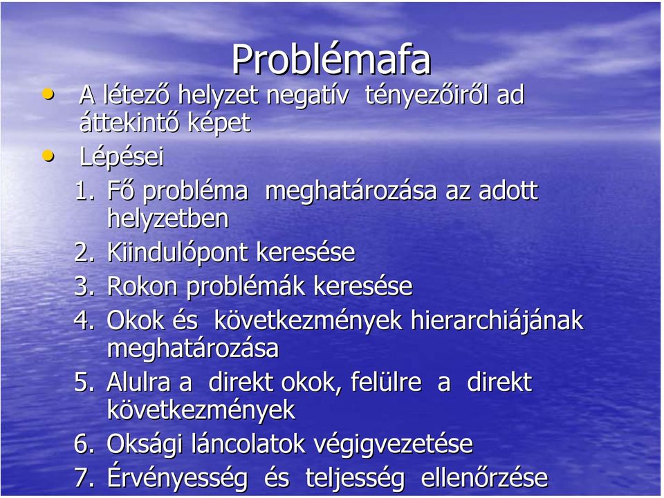 Rokon problémák keresése 4. Okok és következmények hierarchiájának meghatározása 5.