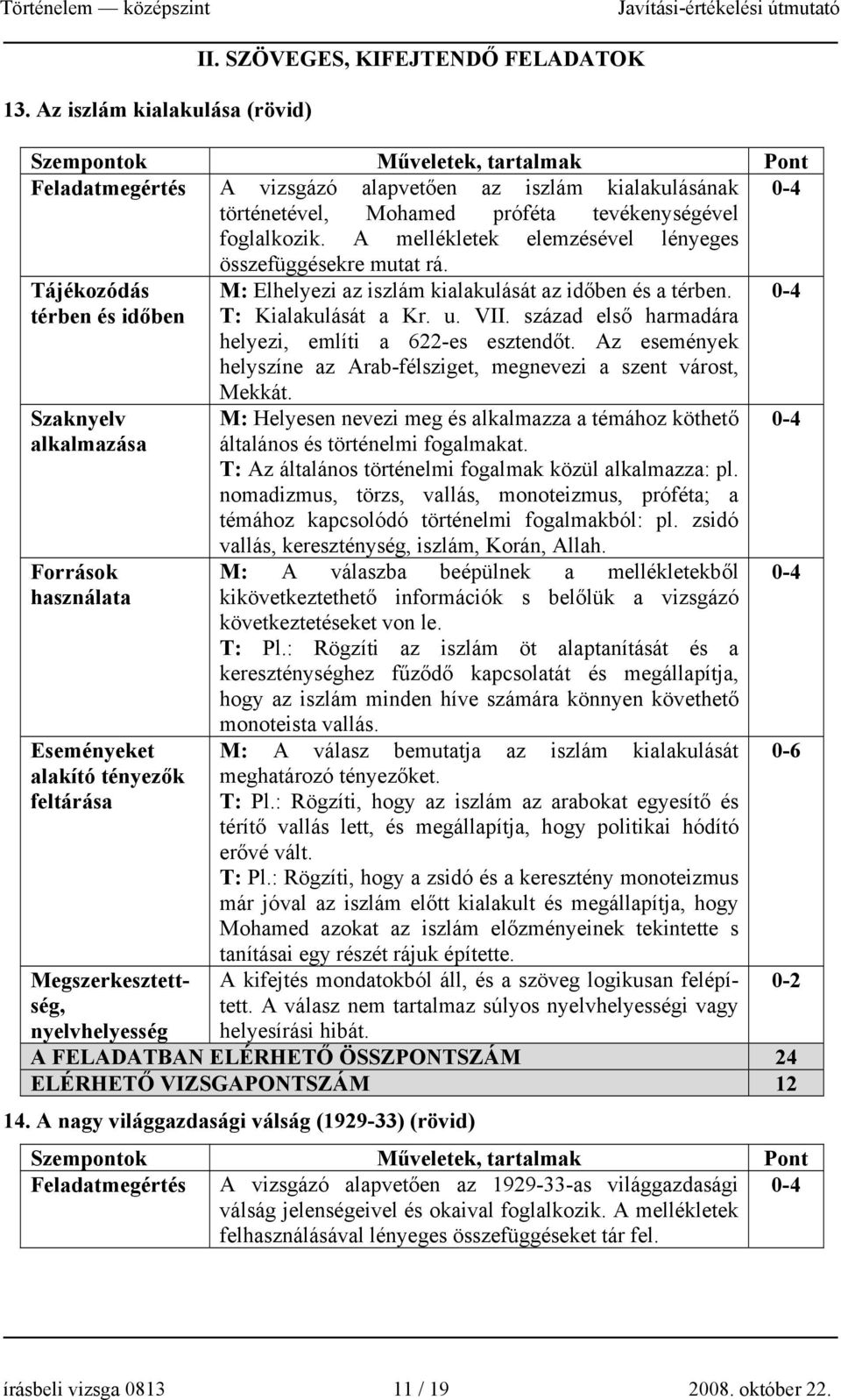 A mellékletek elemzésével lényeges összefüggésekre mutat rá. Tájékozódás térben és időben M: Elhelyezi az iszlám kialakulását az időben és a térben. T: Kialakulását a Kr. u. VII.