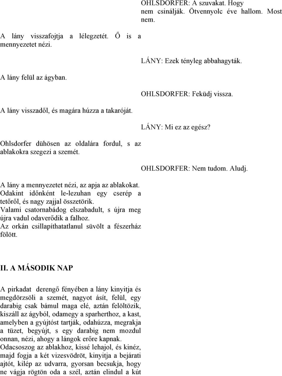 Valami csatornabádog elszabadult, s újra meg újra vadul odaverődik a falhoz. Az orkán csillapíthatatlanul süvölt a fészerház fölött. OHLSDORFER: A szuvakat. Hogy nem csinálják. Ötvennyolc éve hallom.