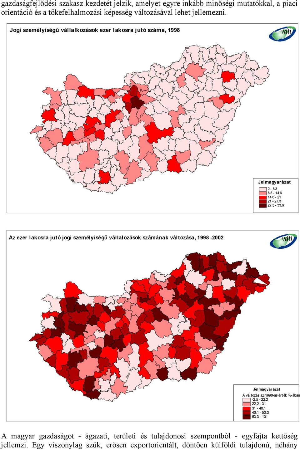 6 Az ezer lakosra jutó jogi személyiségű vállalozások számának változása, 1998-2002 A változás az 1998-as érték %-ában -2.5-22.2 22.2-31 31-40.1 40.