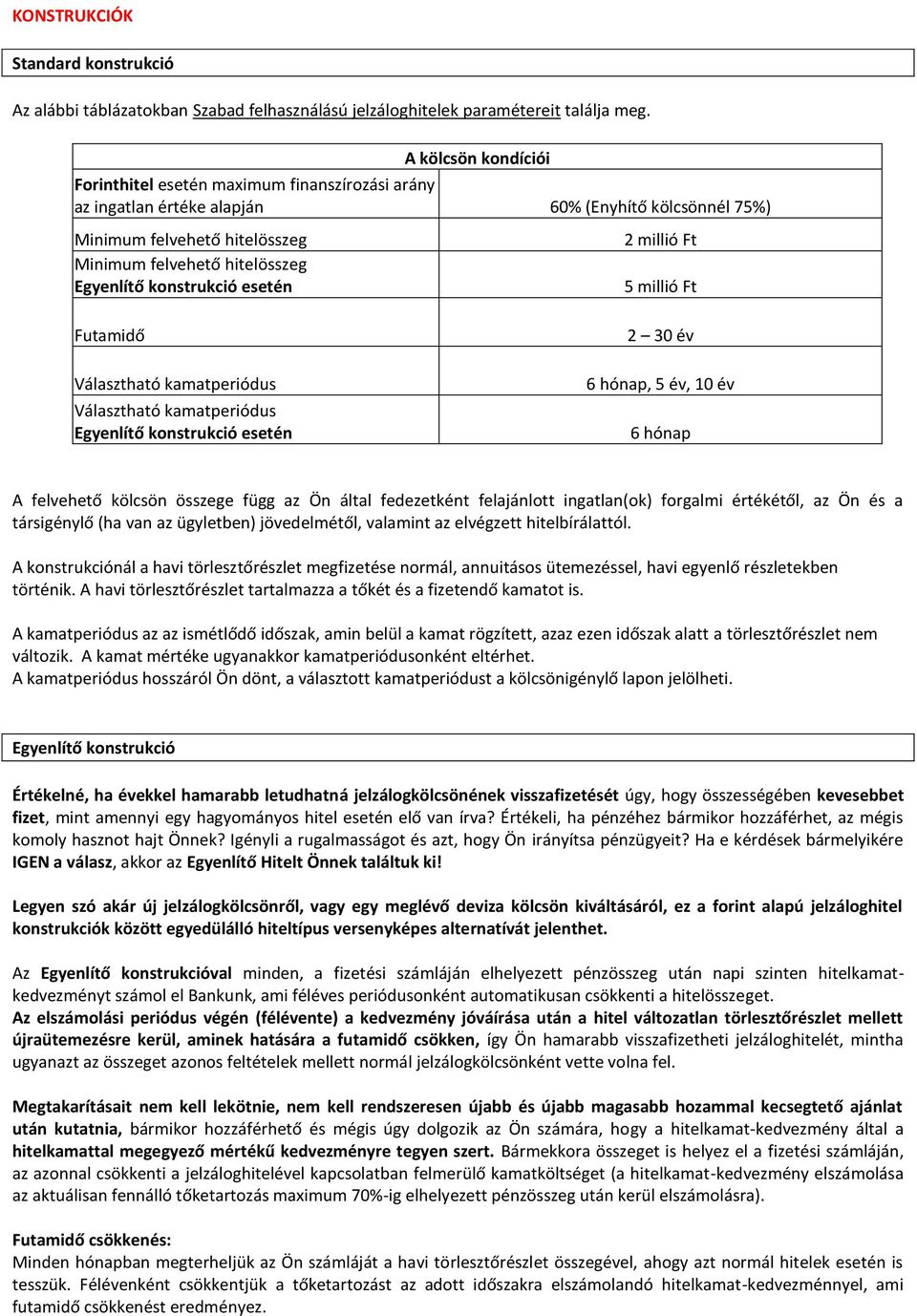 konstrukció esetén 2 millió Ft 5 millió Ft Futamidő Választható kamatperiódus Választható kamatperiódus Egyenlítő konstrukció esetén 2 30 év 6 hónap, 5 év, 10 év 6 hónap A felvehető kölcsön összege