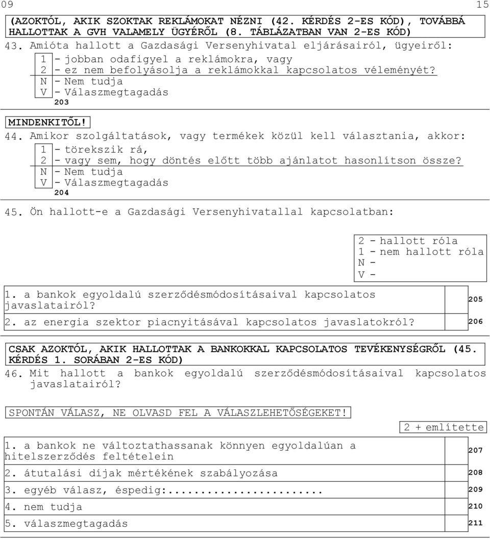 Nem tudja Válaszmegtagadás 203 MINDENKITİL! 44. Amikor szolgáltatások, vagy termékek közül kell választania, akkor: 1 - törekszik rá, 2 - vagy sem, hogy döntés elıtt több ajánlatot hasonlítson össze?