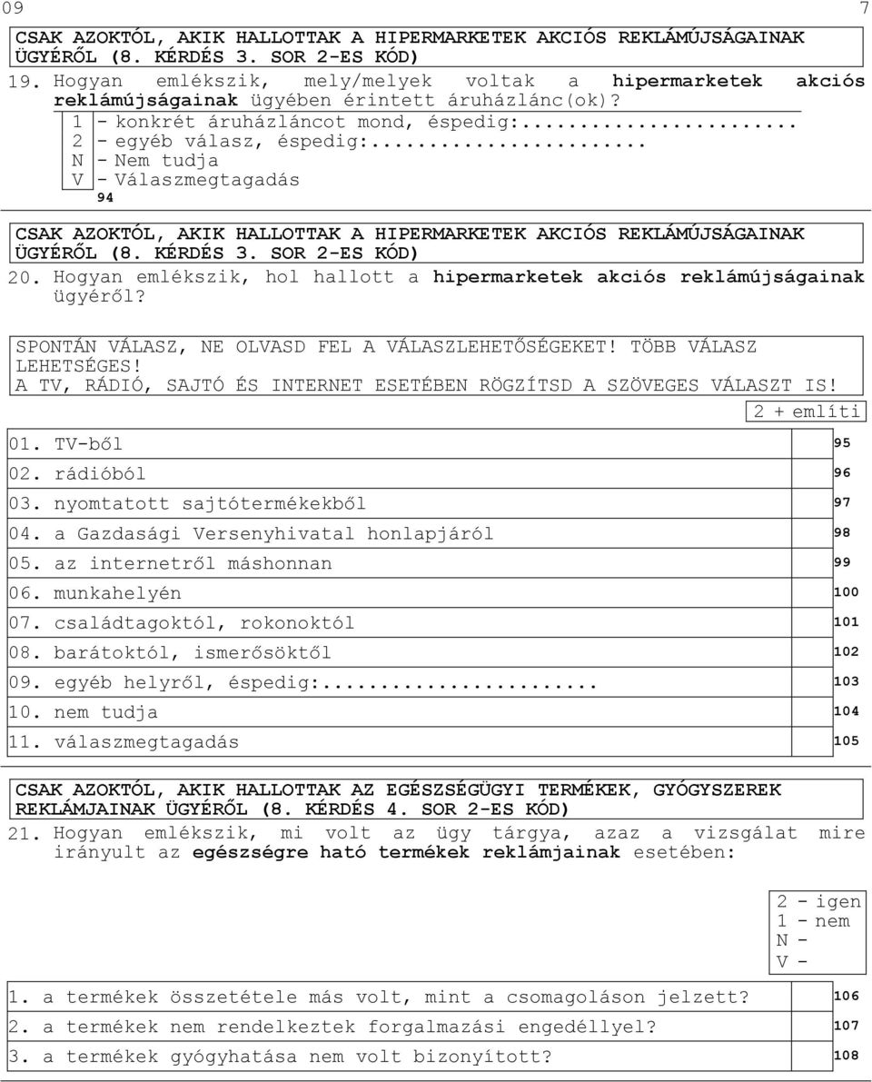 .. Nem tudja Válaszmegtagadás 94 CSAK AZOKTÓL, AKIK HALLOTTAK A HIPERMARKETEK AKCIÓS REKLÁMÚJSÁGAINAK ÜGYÉRİL (8. KÉRDÉS 3. SOR 2-ES KÓD) 20.