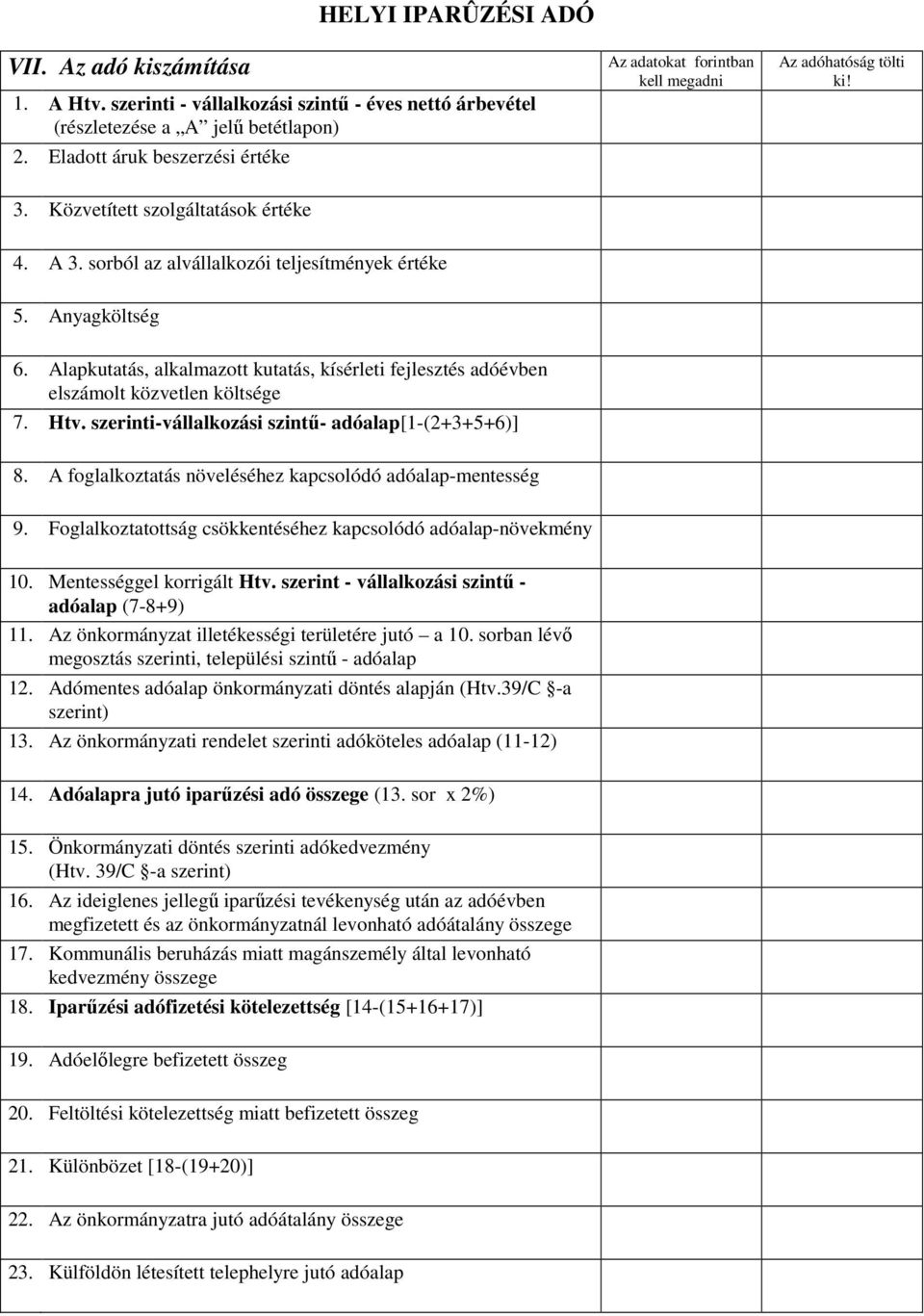 Alapkutatás, alkalmazott kutatás, kísérleti fejlesztés adóévben elszámolt közvetlen költsége 7. Htv. szerinti-vállalkozási szintű- adóalap[1-(2+3+5+6)] 8.