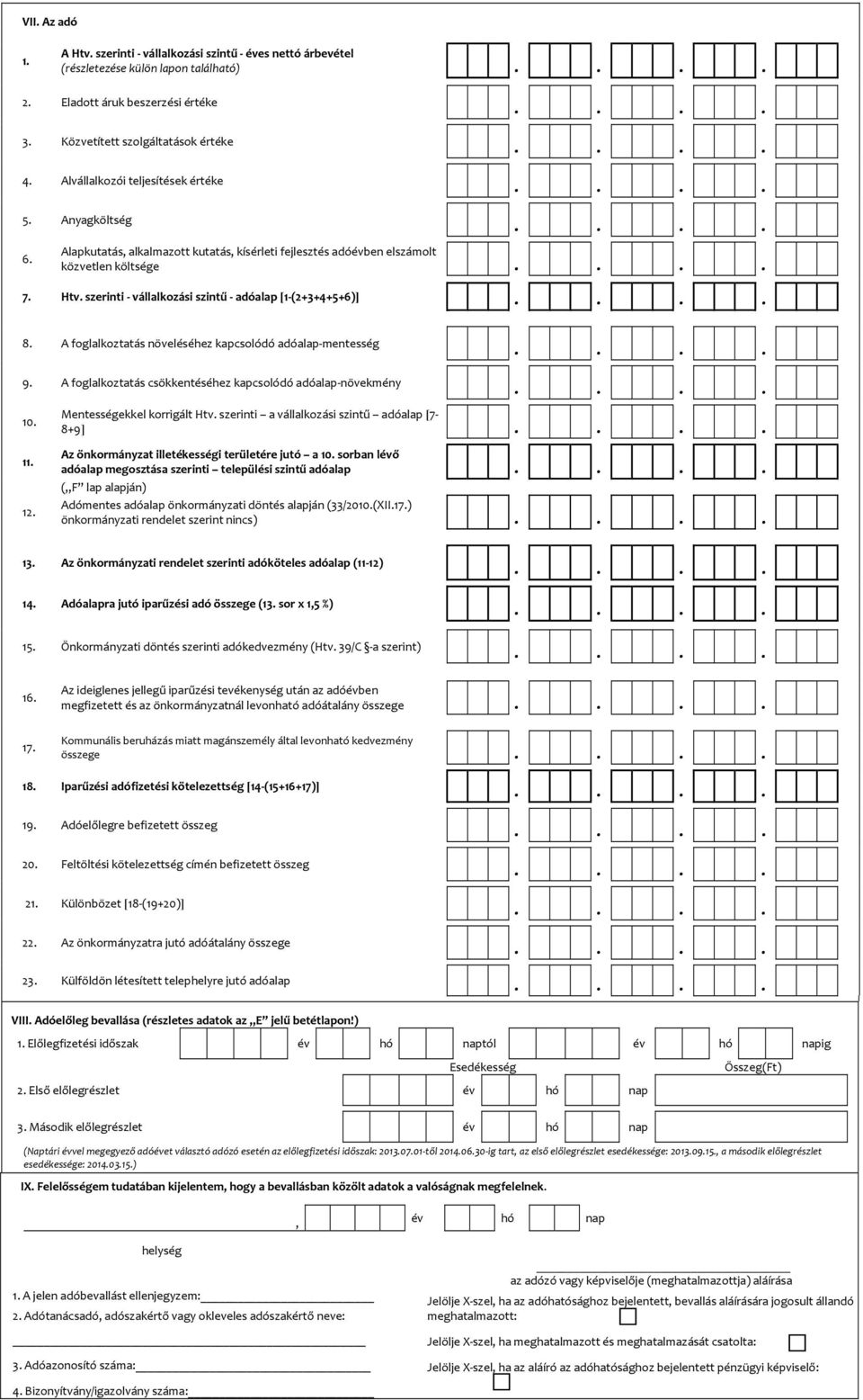 szerinti vállalkozási szintű adóalap [1 (2+3+4+5+6)] 8. A foglalkoztatás növeléséhez kapcsolódó adóalap mentesség 9. A foglalkoztatás csökkentéséhez kapcsolódó adóalap növekmény 10. 1 12.