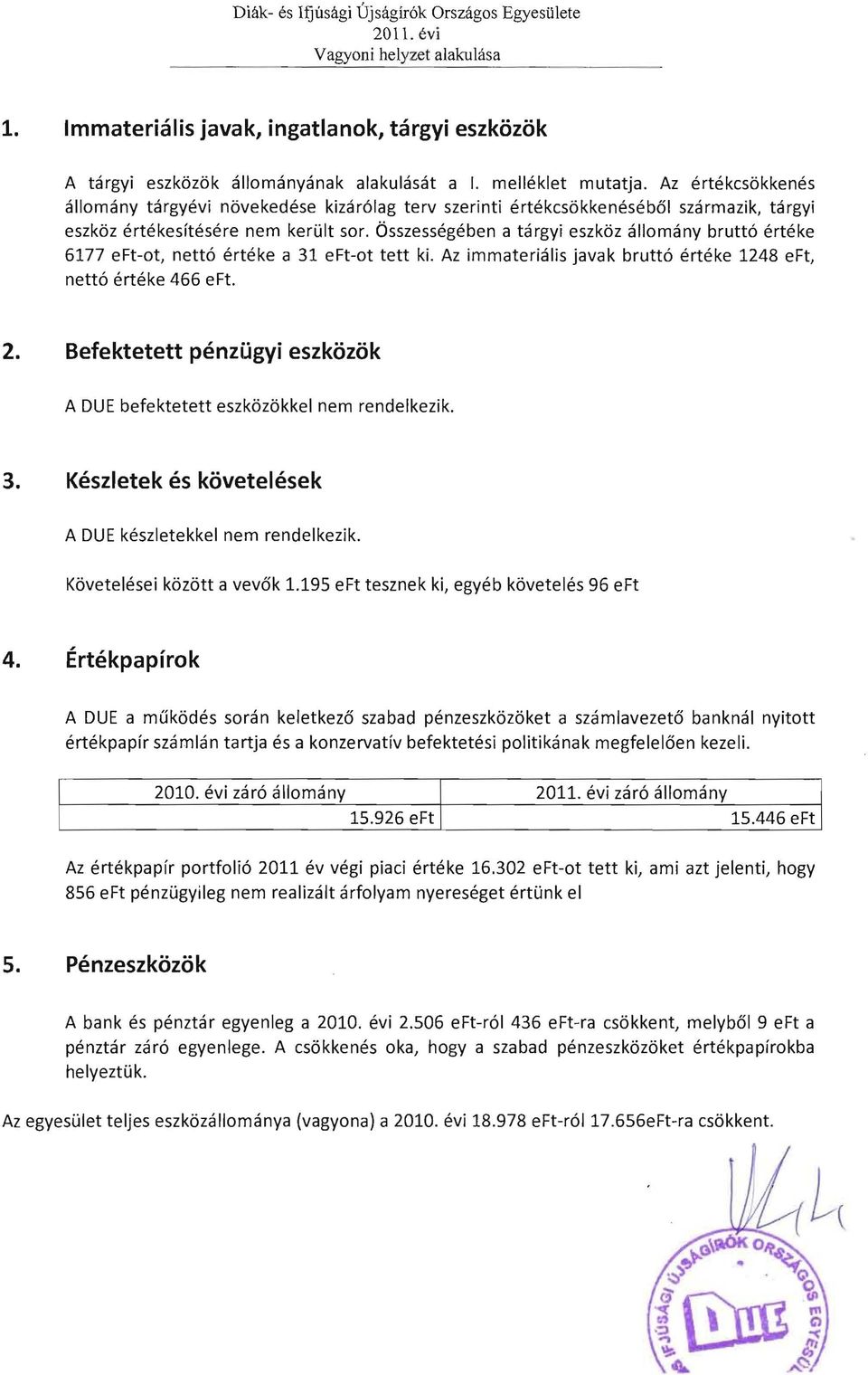 Osszessegeben a targyi eszk6z allomany brutt6 erteke 6177 eftot, netto erteke a 31 eftot tett ki. Az immaterialis javak brutt6 erteke 1248 eft, netto erteke 466 eft. 2.