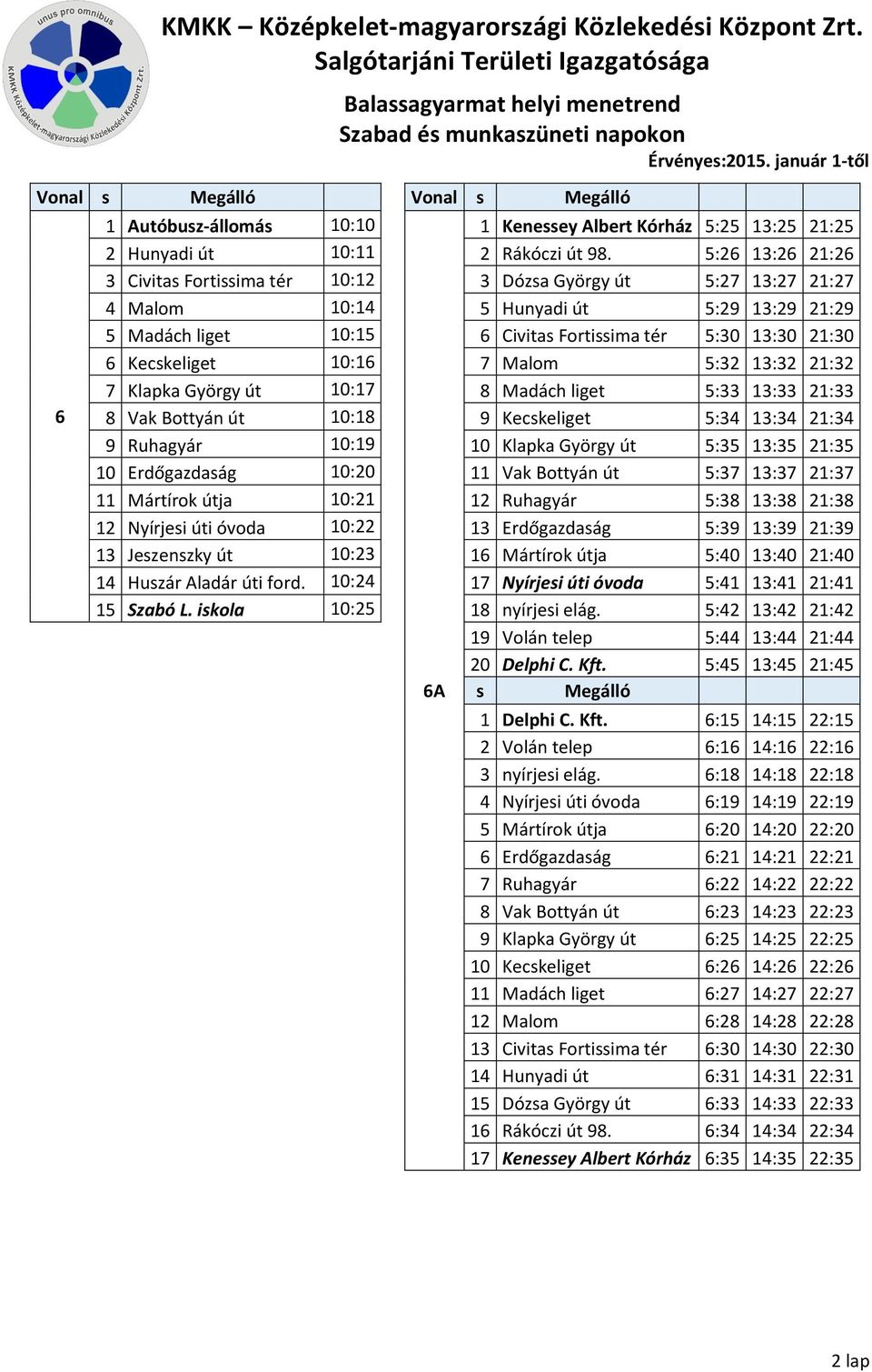 iskola 10:25 6A 1 Kenessey Albert Kórház 5:25 13:25 21:25 2 Rákóczi út 98.