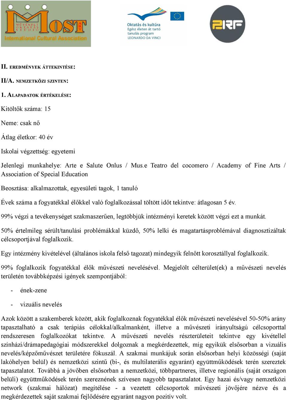 e Teatro del cocomero / Academy of Fine Arts / Association of Special Education Beosztása: alkalmazottak, egyesületi tagok, 1 tanuló Évek száma a fogyatékkal élőkkel való foglalkozással töltött időt