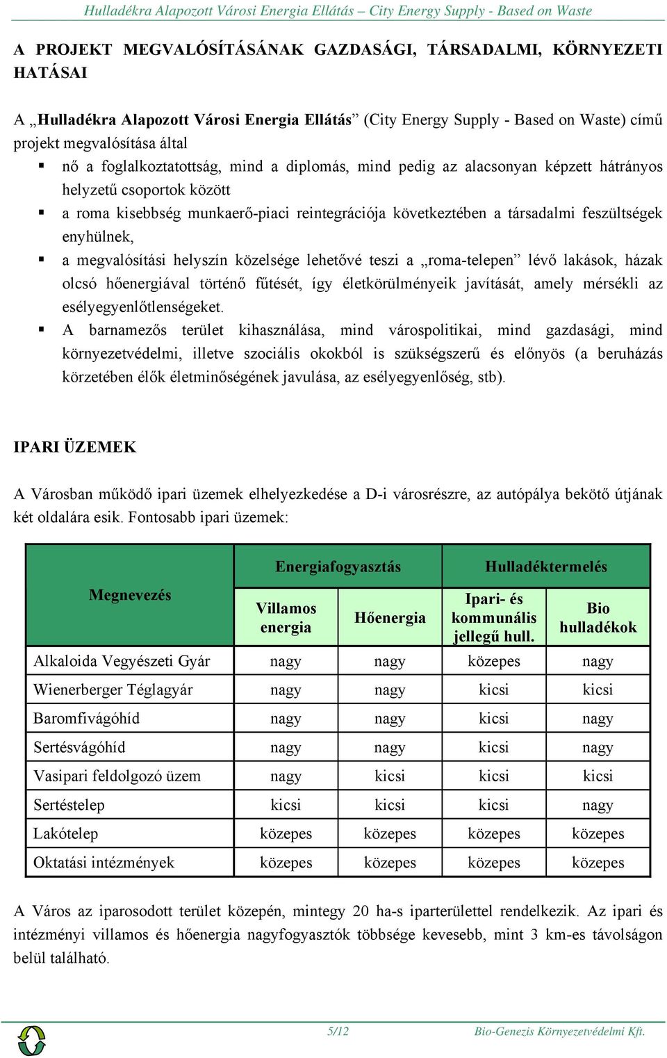 enyhülnek, a megvalósítási helyszín közelsége lehetővé teszi a roma-telepen lévő lakások, házak olcsó hőenergiával történő fűtését, így életkörülményeik javítását, amely mérsékli az