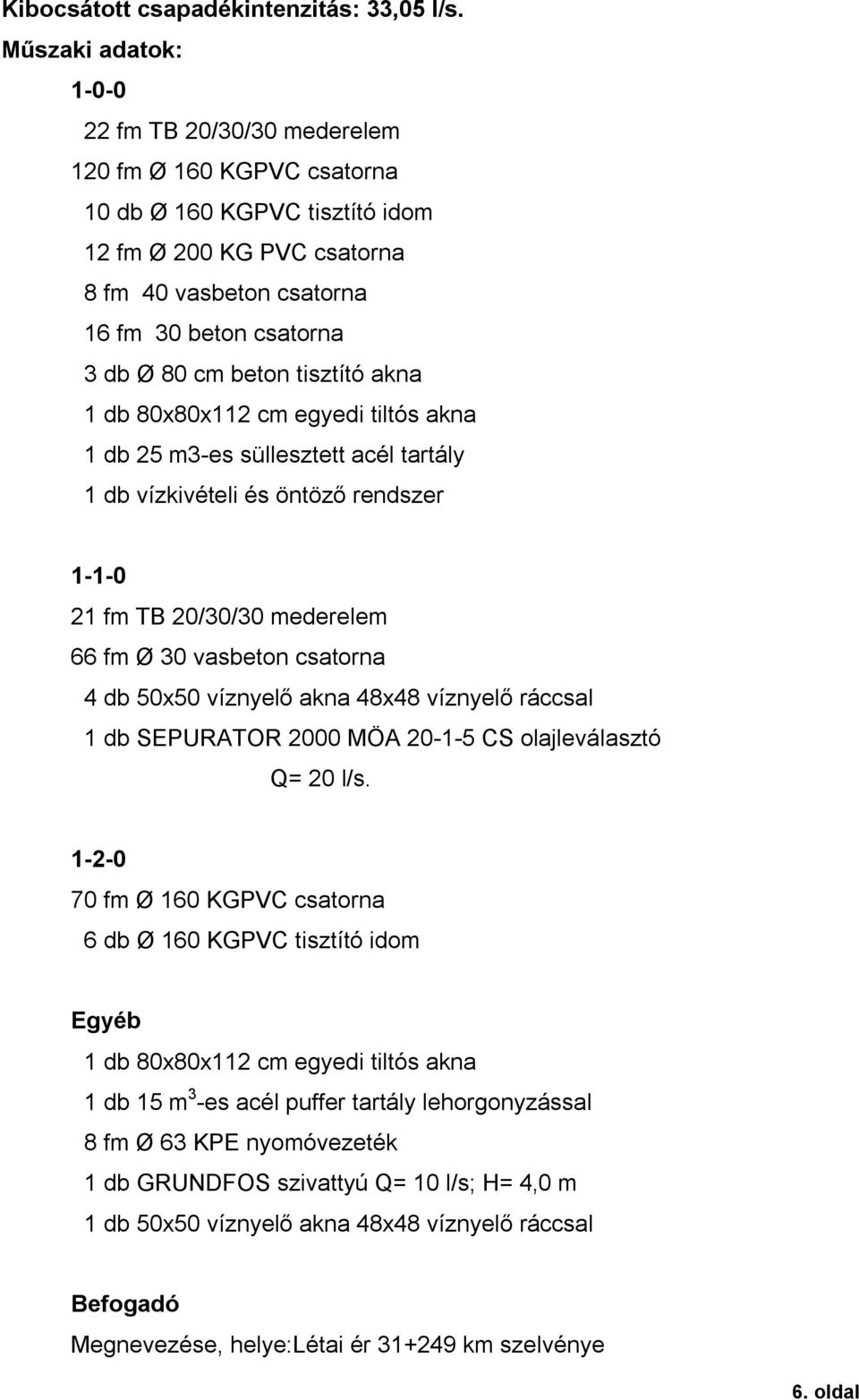 beton tiszttó akna 1 db 80x80x112 cm egyedi tiltós akna 1 db 25 m3-es süllesztett acl tartly 1 db vzkivteli s öntöz rendszer 1-1-0 21 fm TB 20/30/30 mederelem 66 fm Ø 30 vasbeton csatorna 4 db 50x50