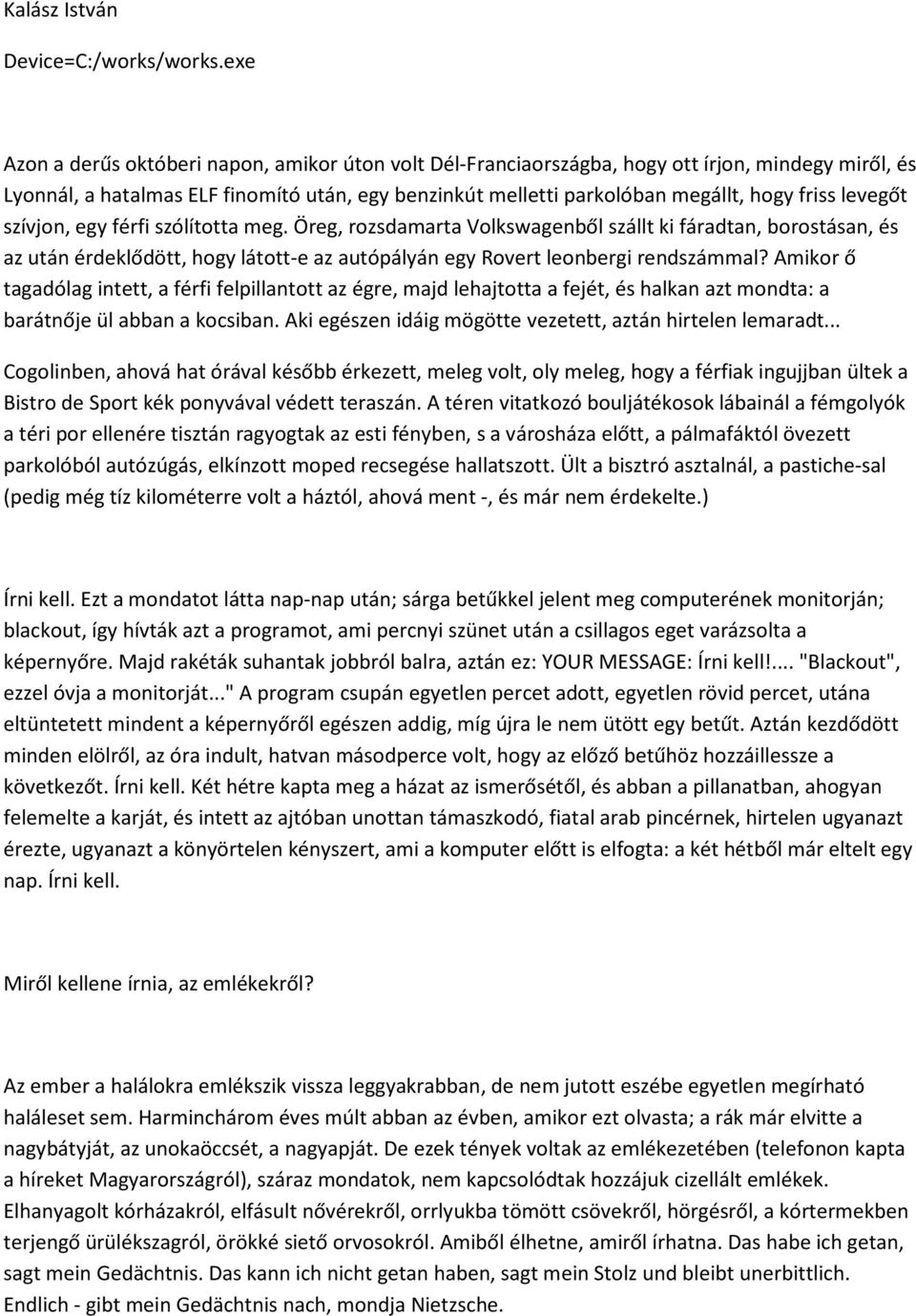 levegőt szívjon, egy férfi szólította meg. Öreg, rozsdamarta Volkswagenből szállt ki fáradtan, borostásan, és az után érdeklődött, hogy látott-e az autópályán egy Rovert leonbergi rendszámmal?