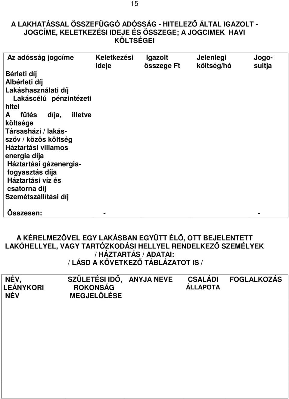 csatorna díj Szemétszállítási díj Keletkezési ideje Igazolt összege Ft Jelenlegi költség/hó Jogosultja Összesen: - - A KÉRELMEZŐVEL EGY LAKÁSBAN EGYÜTT ÉLŐ, OTT BEJELENTETT LAKÓHELLYEL, VAGY