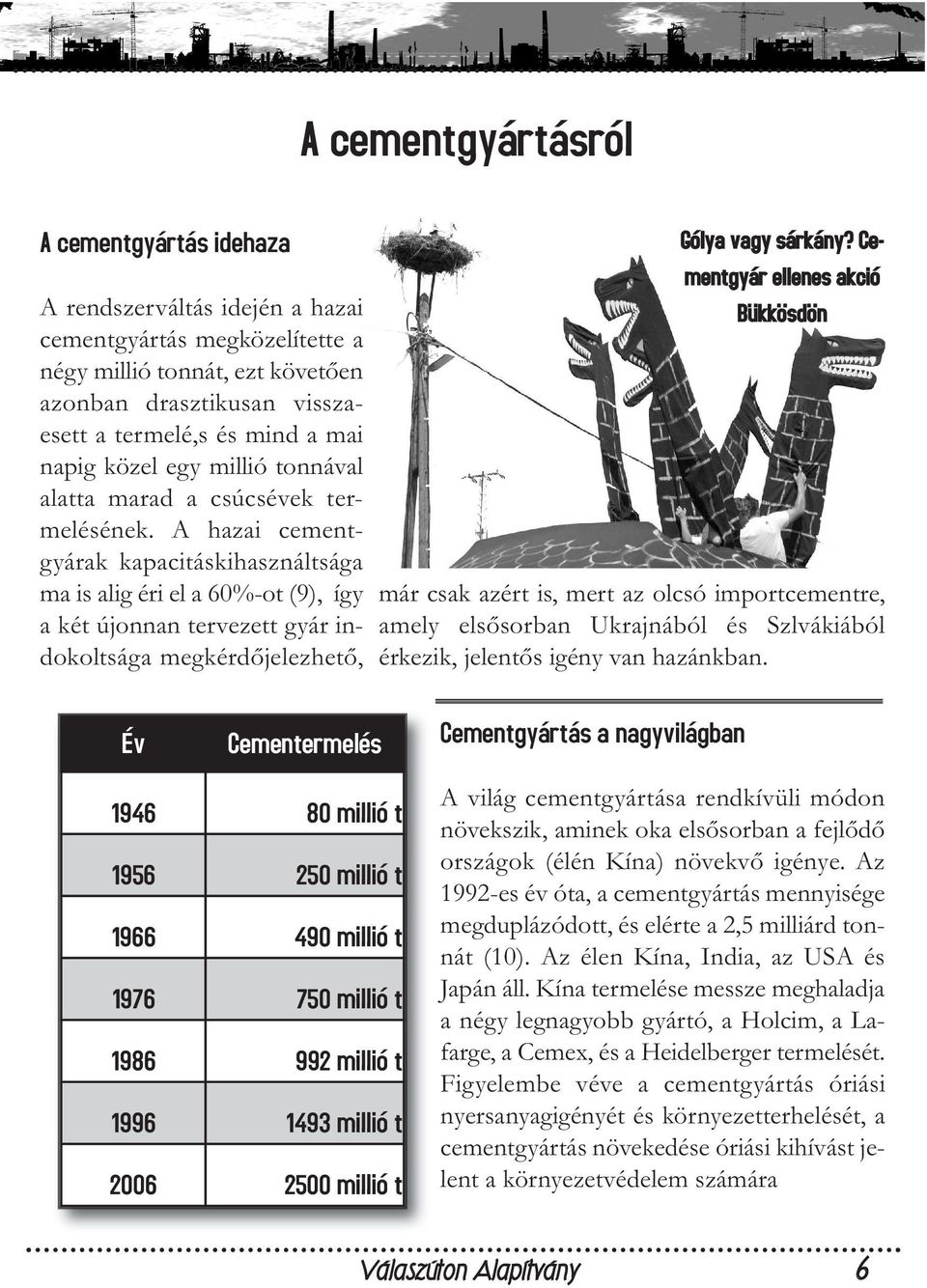 A hazai cementgyárak kapacitáskihasználtsága ma is alig éri el a 60%-ot (9), így a két újonnan tervezett gyár indokoltsága megkérdıjelezhetı, Gólya vagy sárkány?