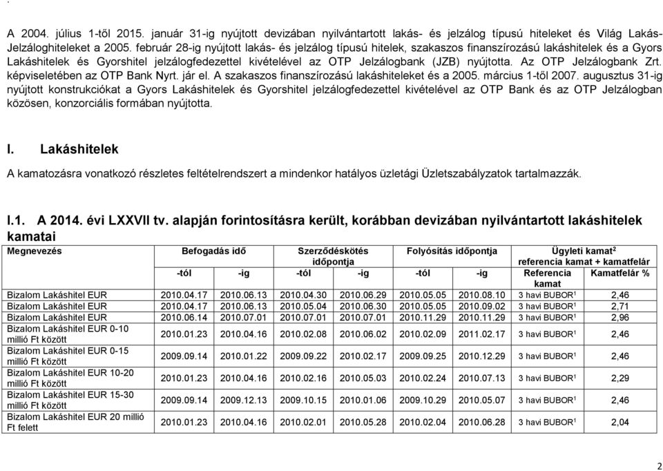 nyújtotta. Az OTP Jelzálogbank Zrt. képviseletében az OTP Bank Nyrt. jár el. A szakaszos finanszírozású lakáshiteleket és a 2005. március 1-től 2007.