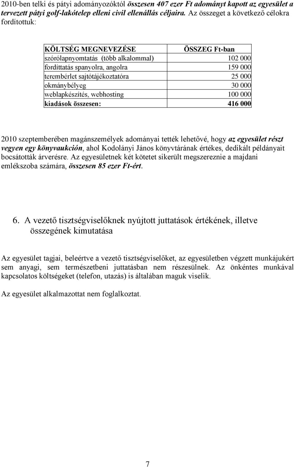 okmánybélyeg 30 000 weblapkészítés, webhosting 100 000 kiadások összesen: 416 000 2010 szeptemberében magánszemélyek adományai tették lehetővé, hogy az egyesület részt vegyen egy könyvaukción, ahol