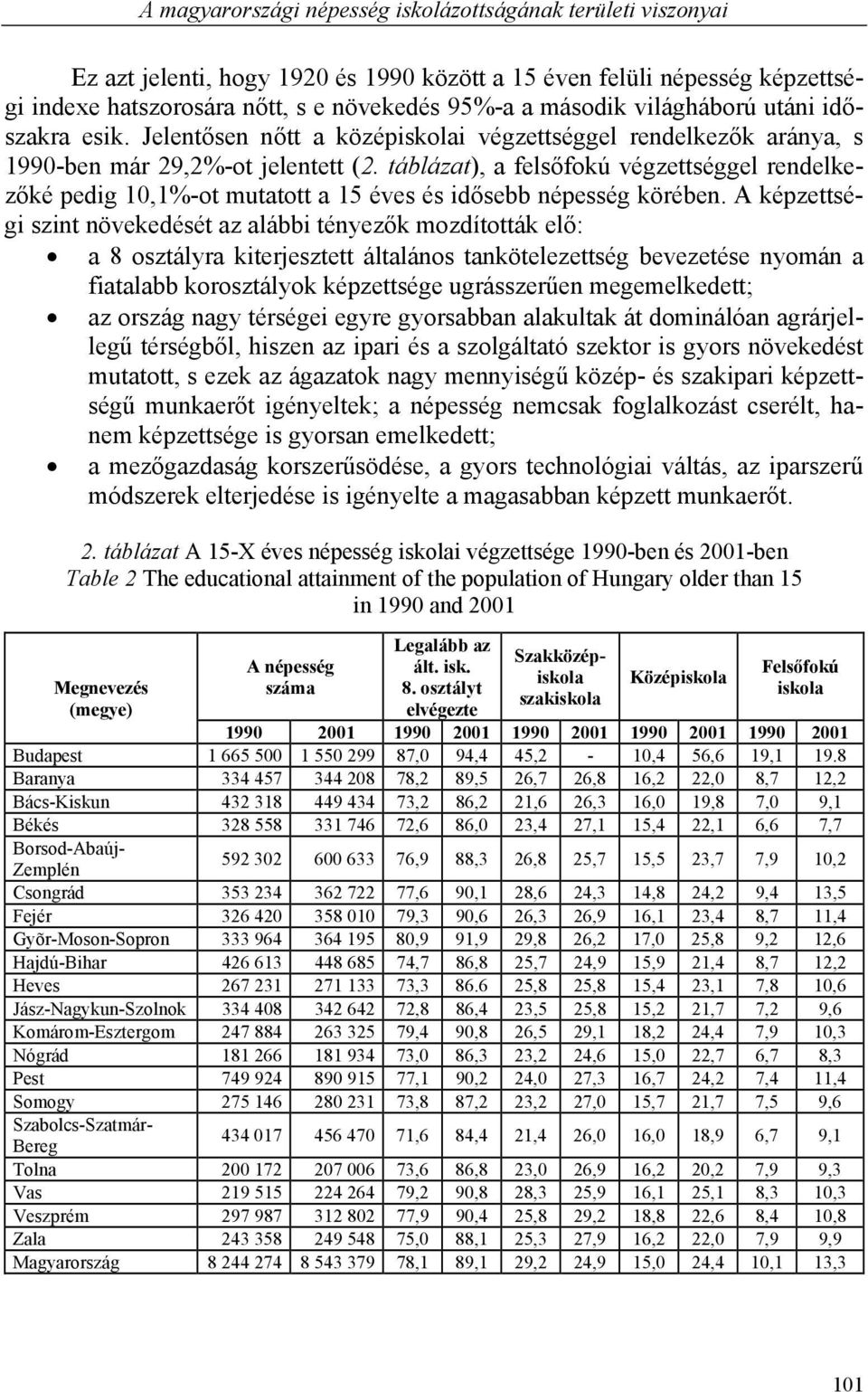 táblázat), a felsőfokú végzettséggel rendelkezőké pedig 10,1%-ot mutatott a 15 éves és idősebb népesség körében.