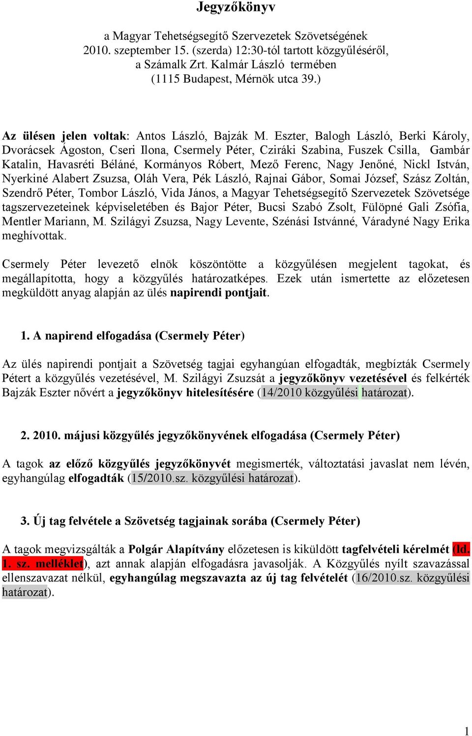 Eszter, Balogh László, Berki Károly, Dvorácsek Ágoston, Cseri Ilona, Csermely Péter, Cziráki Szabina, Fuszek Csilla, Gambár Katalin, Havasréti Béláné, Kormányos Róbert, Mező Ferenc, Nagy Jenőné,