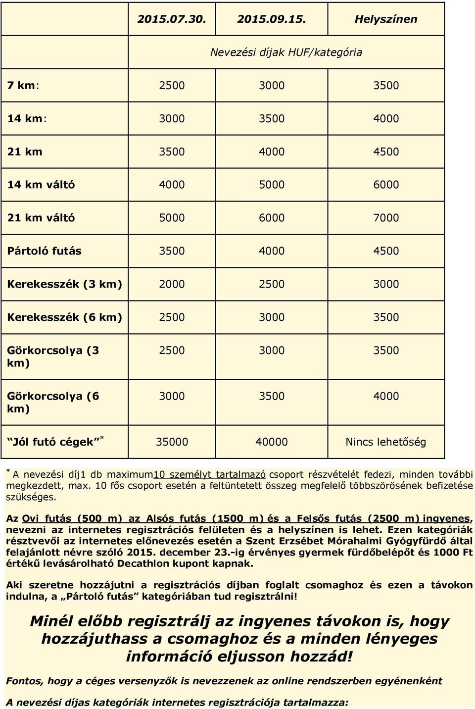 nevezési díj1 db maximum10 személyt tartalmazó csprt részvételét fedezi, minden tvábbi megkezdett, max. 10 fıs csprt esetén a feltüntetett összeg megfelelı többszörösének befizetése szükséges.