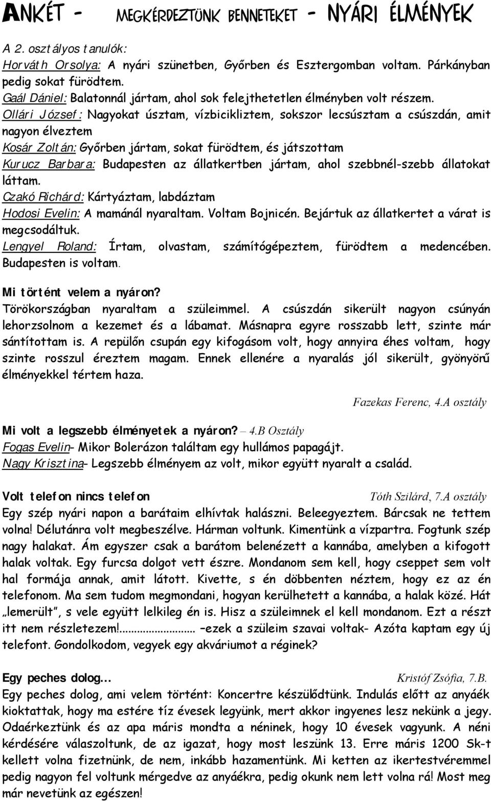 Ollári József: Nagyokat úsztam, vízbicikliztem, sokszor lecsúsztam a csúszdán, amit nagyon élveztem Kosár Zoltán: Győrben jártam, sokat fürödtem, és játszottam Kurucz Barbara: Budapesten az