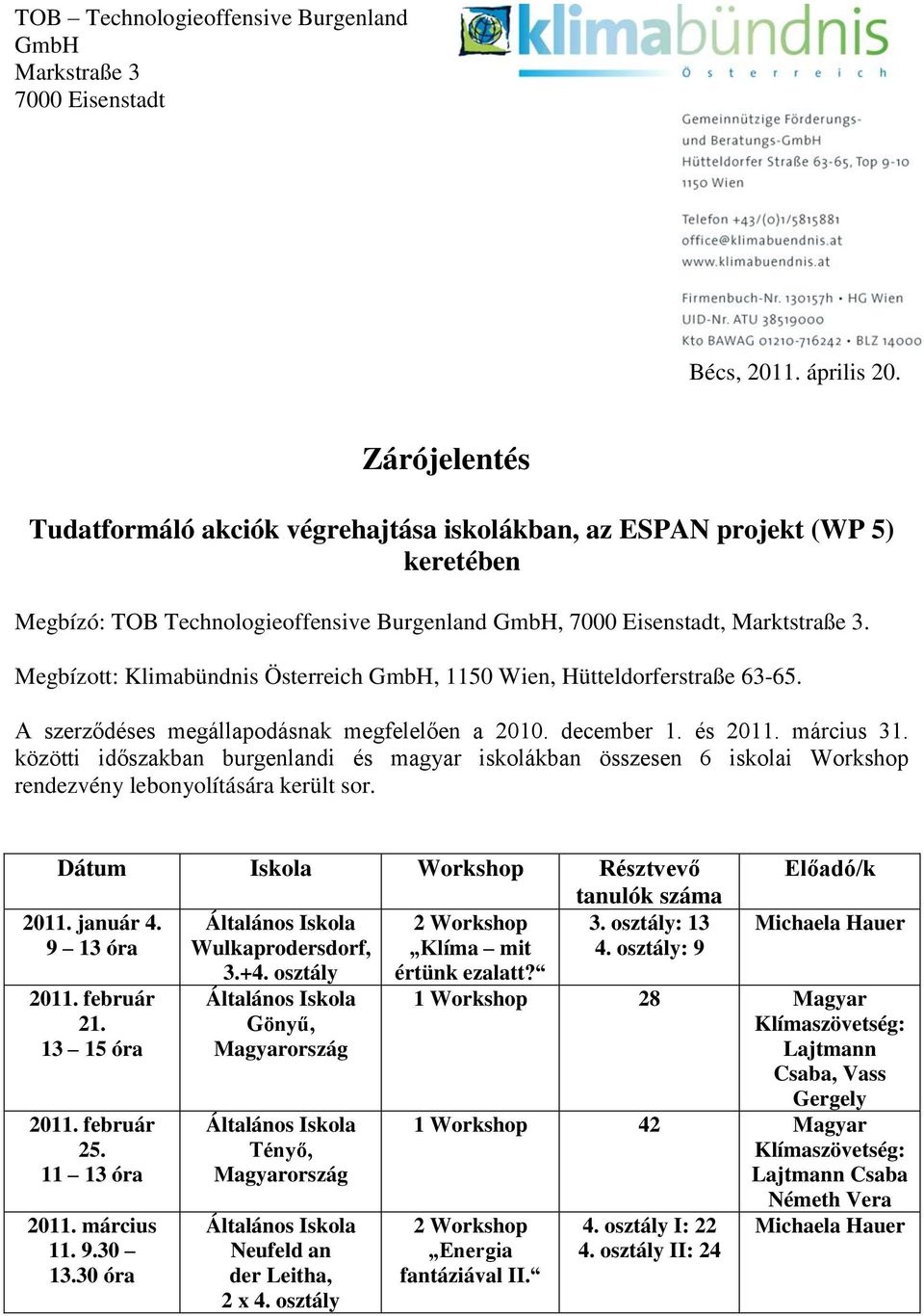 Megbízott: Klimabündnis Österreich GmbH, 1150 Wien, Hütteldorferstraße 63-65. A szerződéses megállapodásnak megfelelően a 2010. december 1. és 2011. március 31.