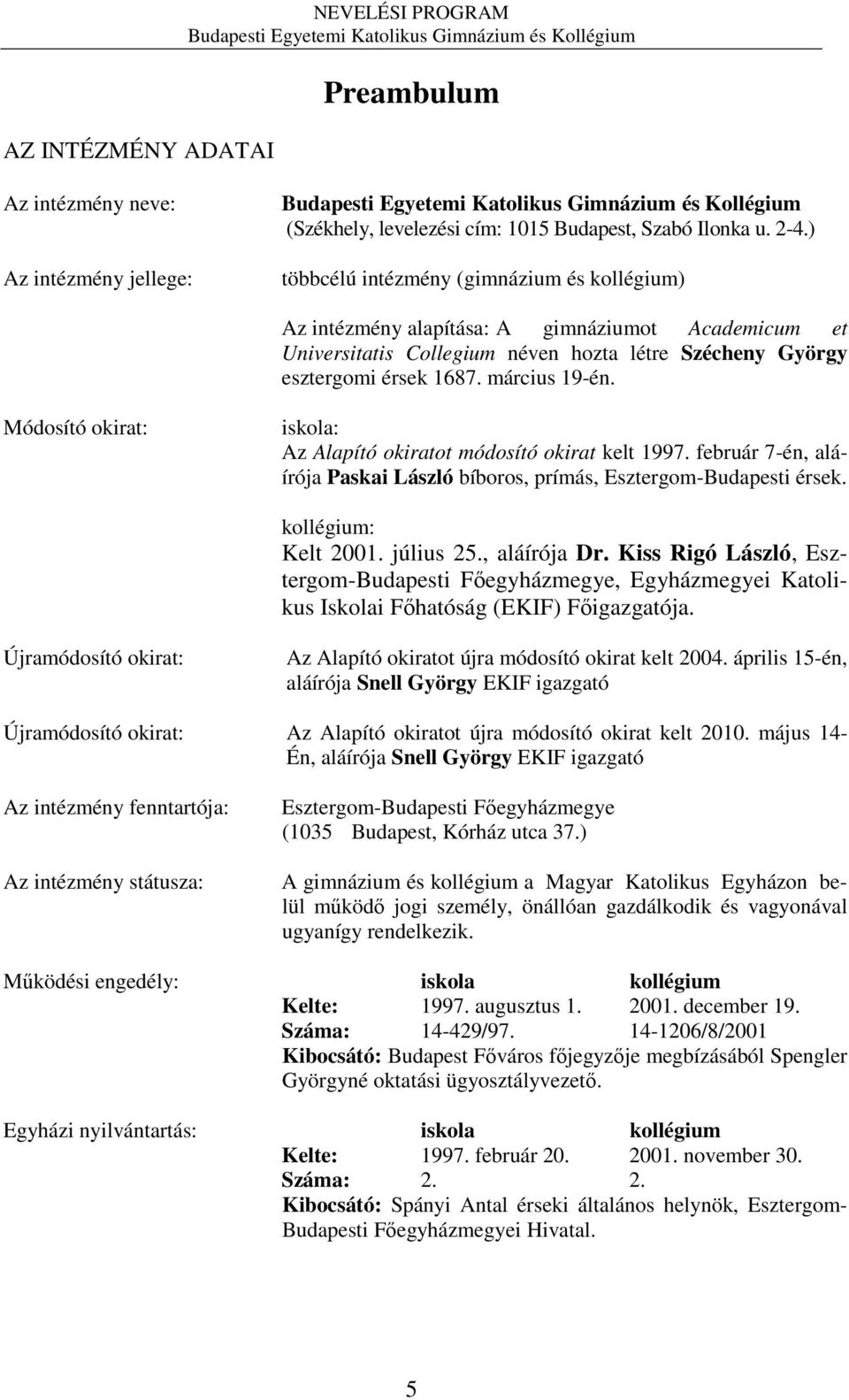 Módosító okirat: iskola: Az Alapító okiratot módosító okirat kelt 1997. február 7-én, aláírója Paskai László bíboros, prímás, Esztergom-Budapesti érsek. kollégium: Kelt 2001. július 25., aláírója Dr.