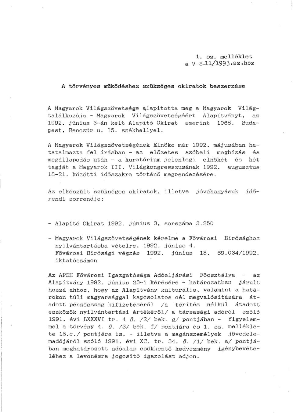 májusában hatatalmazta fel írásban - az előzetes szóbeli megbízás és megállapodás után - a kuratórium jelenlegi elnökét és hét tagját a Hagyarak III. Világkongresszusának 1992. augusztus 18-21.