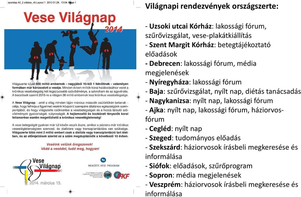 Nagykanizsa: nyílt nap, lakossági fórum - Ajka: nyílt nap, lakossági fórum, háziorvosfórum - Cegléd: nyílt nap - Szeged: tudományos előadás -Szekszárd: