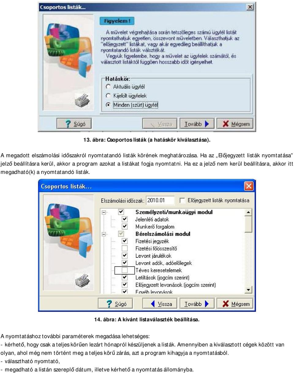 Ha ez a jelző nem kerül beállításra, akkor itt megadható(k) a nyomtatandó listák. 14. ábra: A kívánt listaválaszték beállítása.