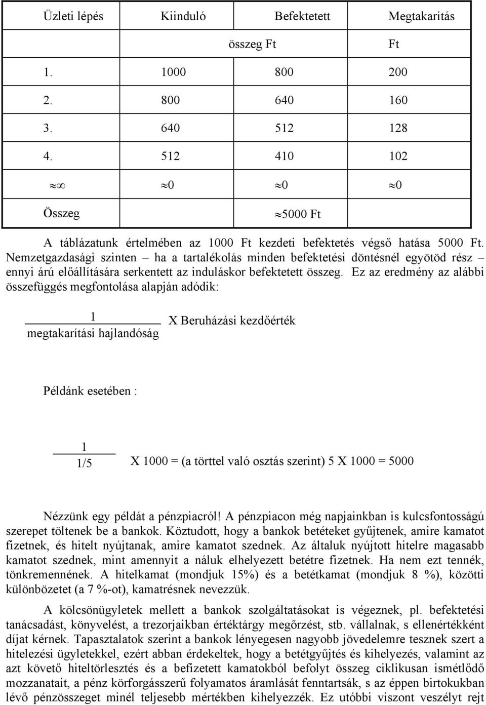 Nemzetgazdasági szinten ha a tartalékolás minden befektetési döntésnél egyötöd rész ennyi árú előállítására serkentett az induláskor befektetett összeg.