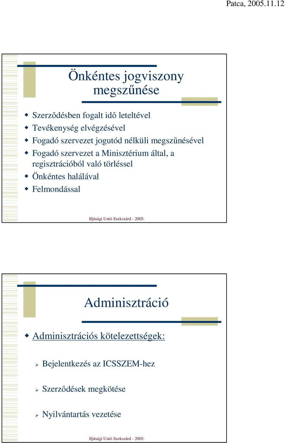 regisztrációból való törléssel Önkéntes halálával Felmondással Adminisztráció