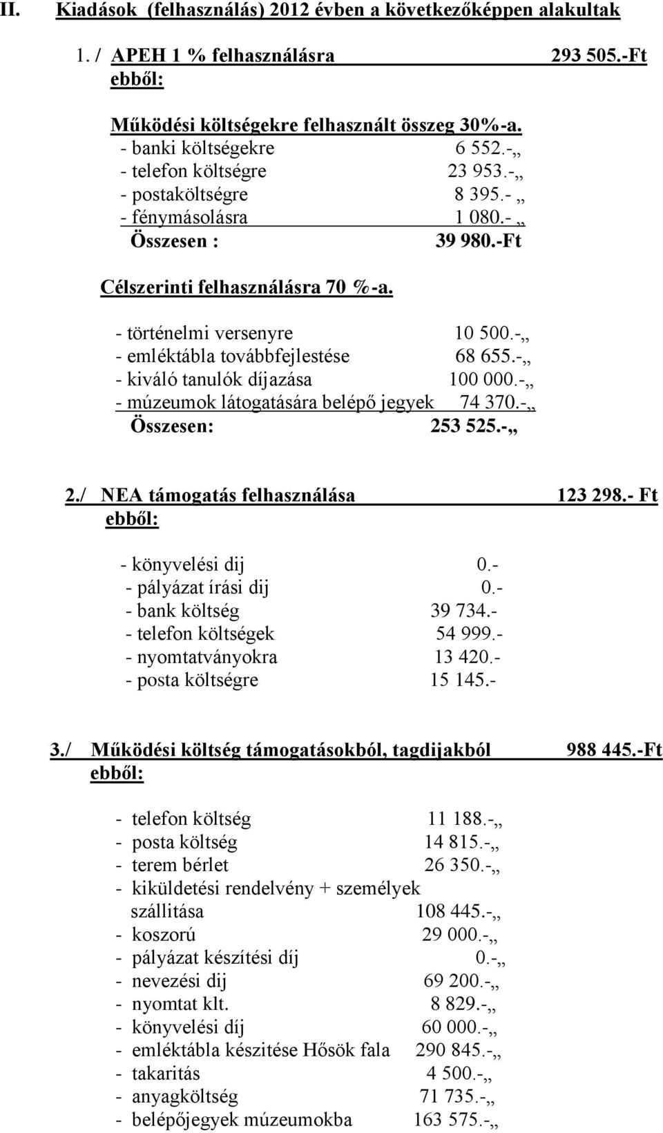 - - emléktábla továbbfejlestése 68 655.- - kiváló tanulók díjazása 100 000.- - múzeumok látogatására belépő jegyek 74 370.- Összesen: 253 525.- 2./ NEA támogatás felhasználása 123 298.