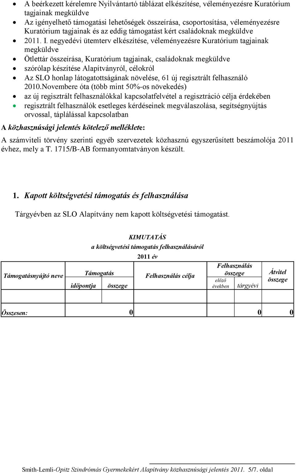 negyedévi ütemterv elkészítése, véleményezésre Kuratórium tagjainak megküldve Ötlettár összeírása, Kuratórium tagjainak, családoknak megküldve szórólap készítése Alapítványról, célokról Az SLO honlap